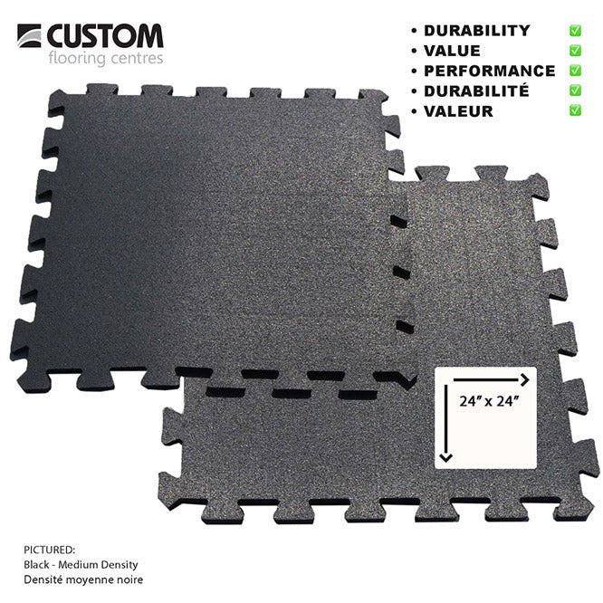 PRO-GRADE Rubber Sports Flooring 24" x 24" x 1cm Interlocking Tiles $4.75 sq/ft [18.99/piece] (MEDIUM DENSITY / ALL BLACK) - Rubber Floor - Custom Flooring Centres