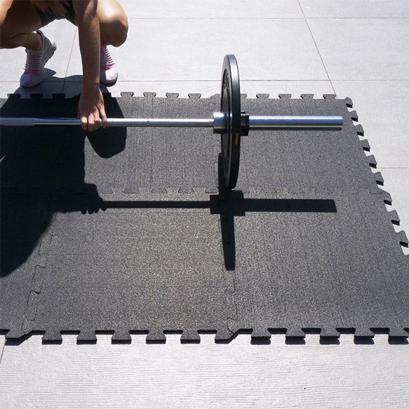 PRO-GRADE Rubber Sports Flooring 24" x 24" x 1cm Interlocking Tiles $4.75 sq/ft [18.99/piece] (MEDIUM DENSITY / ALL BLACK) - Rubber Floor - Custom Flooring Centres